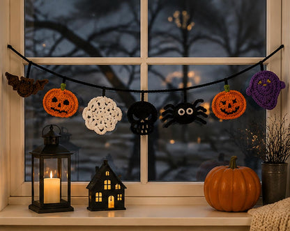 Crochet Halloween Garland, Spooky Mantel Banner, Pumpkin Ghost Bat Spider Decor, Handmade Fireplace Hanging for Halloween Party backdrops