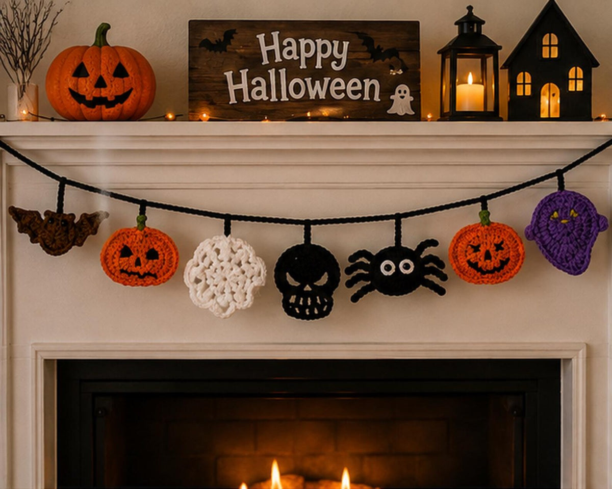 Crochet Halloween Garland, Spooky Mantel Banner, Pumpkin Ghost Bat Spider Decor, Handmade Fireplace Hanging for Halloween Party backdrops