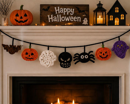 Crochet Halloween Garland, Spooky Mantel Banner, Pumpkin Ghost Bat Spider Decor, Handmade Fireplace Hanging for Halloween Party backdrops