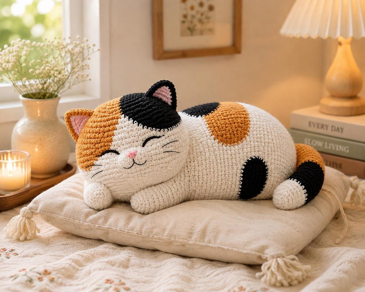Crochet Calico Cat Plush, Handmade Sleeping Cat Amigurumi, Chubby Cat Stuffed Animal, Cat Lover Gift, Cozy Home Decor, Cute Kitty Gift
