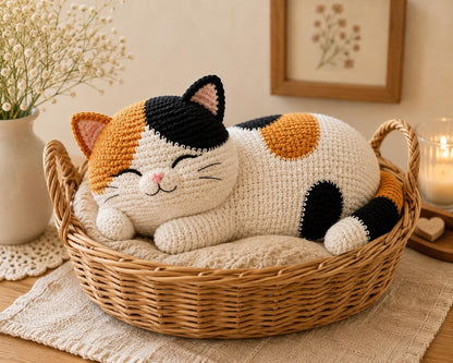Crochet Calico Cat Plush, Handmade Sleeping Cat Amigurumi, Chubby Cat Stuffed Animal, Cat Lover Gift, Cozy Home Decor, Cute Kitty Gift