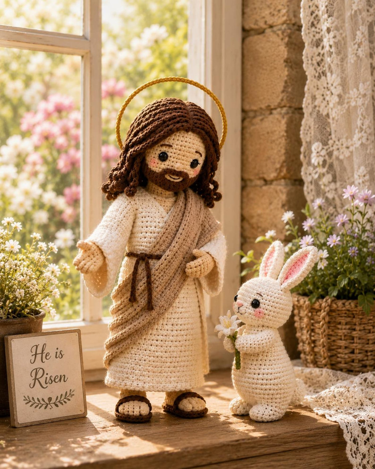 Crochet Jesus and Easter Bunny, Handmade Christian Easter Decor, He Is Risen Gift, Religious Amigurumi, Faith Gift, Spring Decor