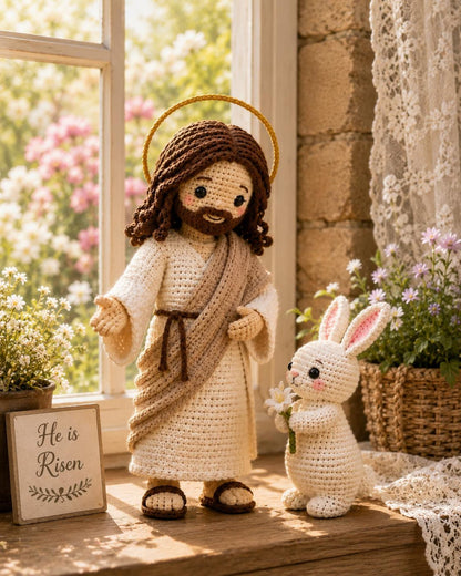 Crochet Jesus and Easter Bunny, Handmade Christian Easter Decor, He Is Risen Gift, Religious Amigurumi, Faith Gift, Spring Decor