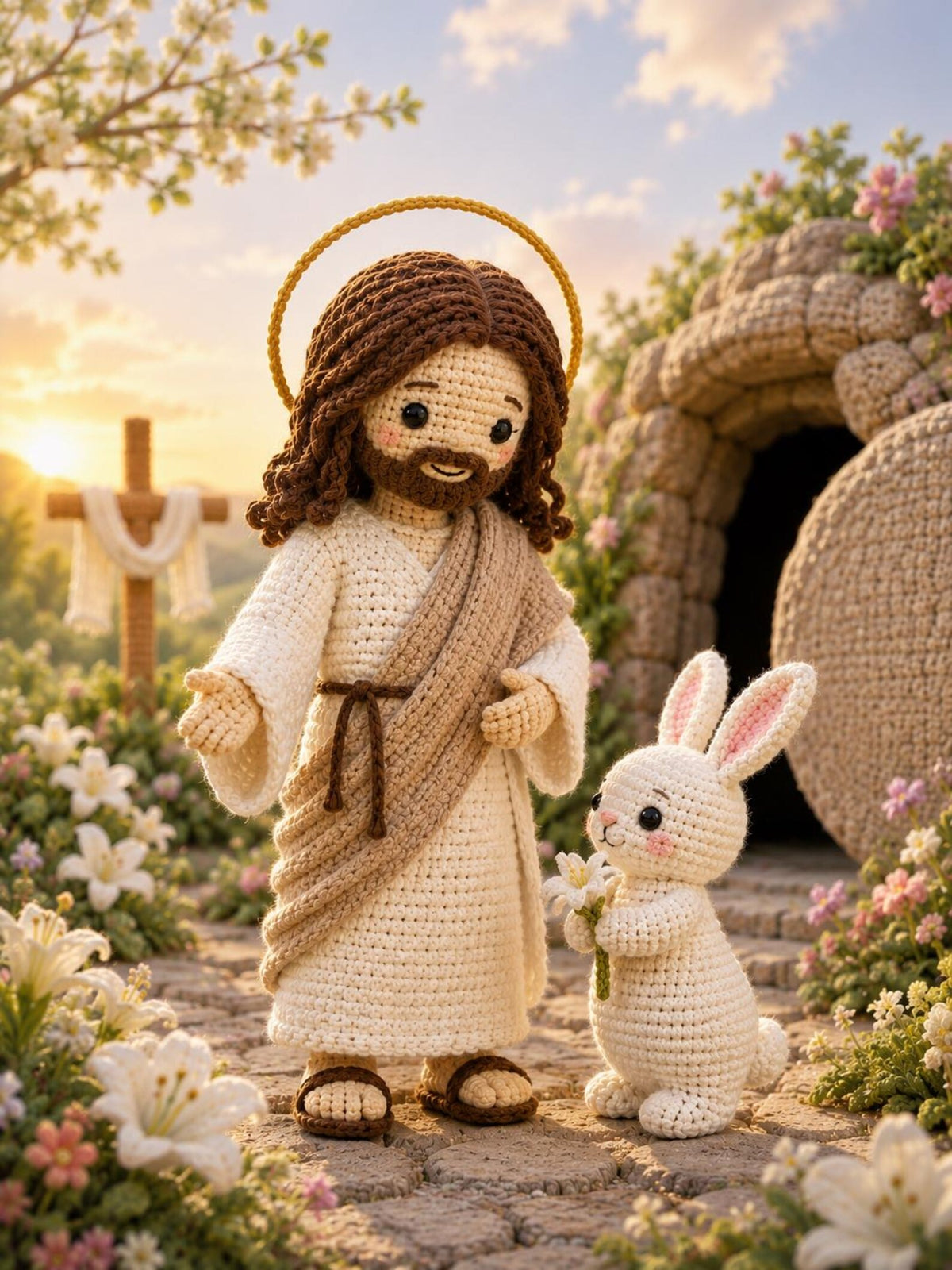 Crochet Jesus and Easter Bunny, Handmade Christian Easter Decor, He Is Risen Gift, Religious Amigurumi, Faith Gift, Spring Decor