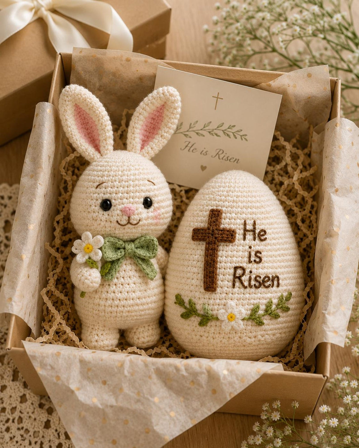 Crochet Easter Bunny and He Is Risen Egg, Christian Easter Decor, Handmade Religious Amigurumi, Resurrection Gift, Faith Easter Gift