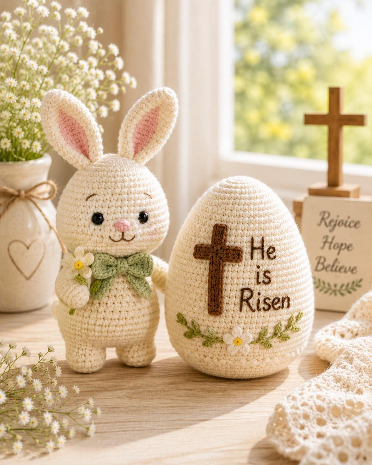 Crochet Easter Bunny and He Is Risen Egg, Christian Easter Decor, Handmade Religious Amigurumi, Resurrection Gift, Faith Easter Gift