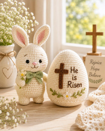 Crochet Easter Bunny and He Is Risen Egg, Christian Easter Decor, Handmade Religious Amigurumi, Resurrection Gift, Faith Easter Gift