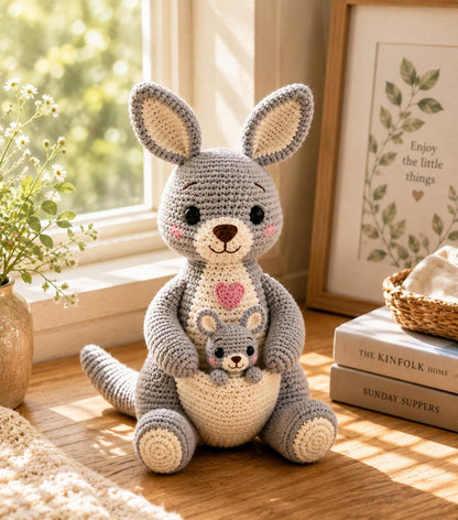 Crochet Kangaroo with Baby, Handmade Kangaroo Amigurumi, Mother and Baby Plush, Australian Animal Gift, Nursery Decor, Baby Shower Gift