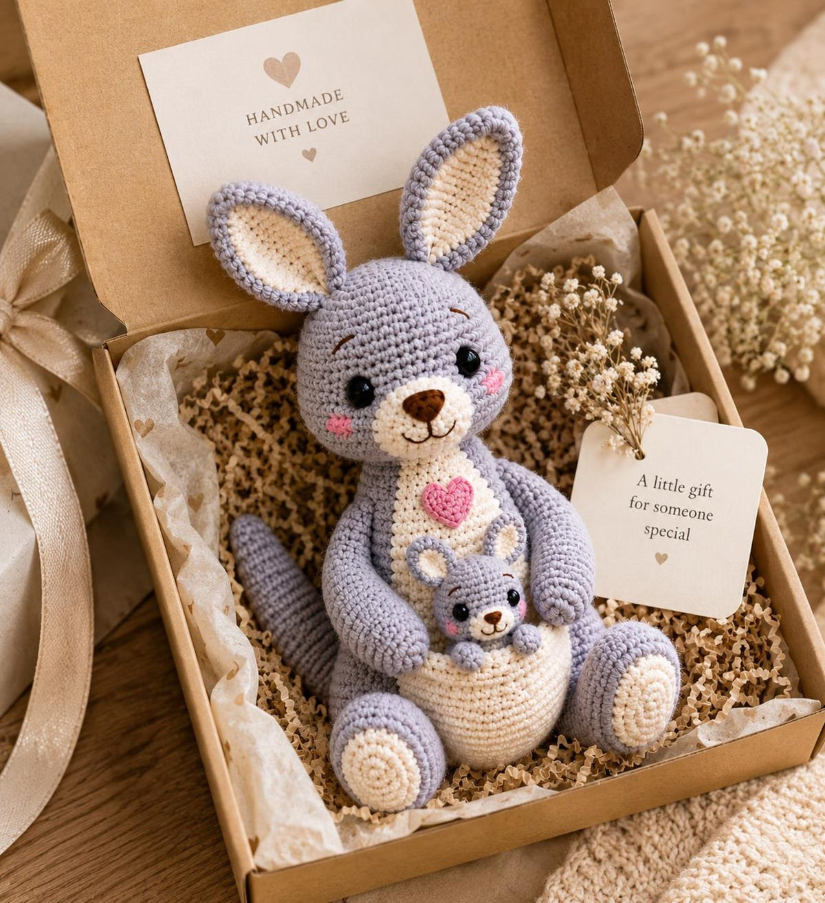 Crochet Kangaroo with Baby, Handmade Kangaroo Amigurumi, Mother and Baby Plush, Australian Animal Gift, Nursery Decor, Baby Shower Gift