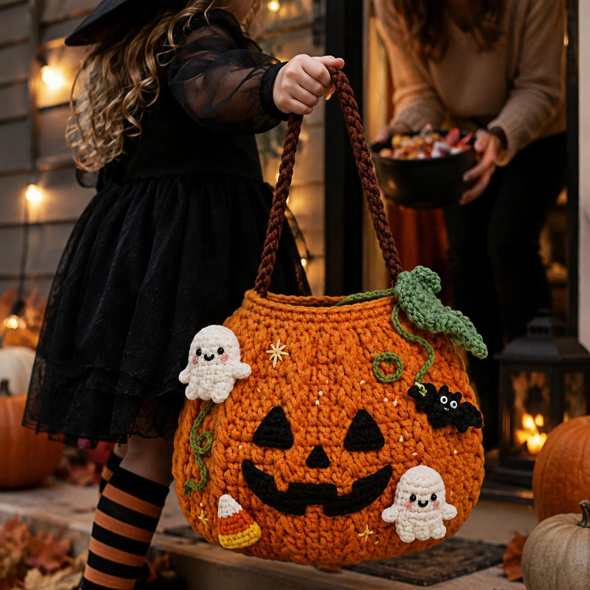 Handmade Crochet Halloween Pumpkin Candy Bag, Kids Trick or Treat Bag, Witch Hat Pumpkin Purse, Halloween Gift for Children