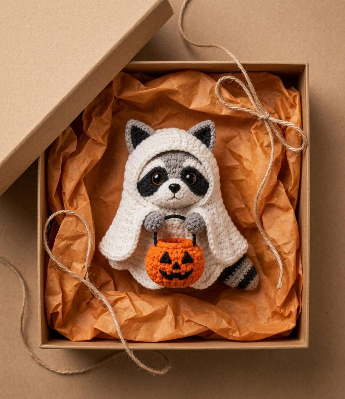 Halloween Crochet Raccoon Car Charm, Cute Ghost Raccoon with Pumpkin Basket, Rearview Mirror Ornament, Fall Car Decor Gift