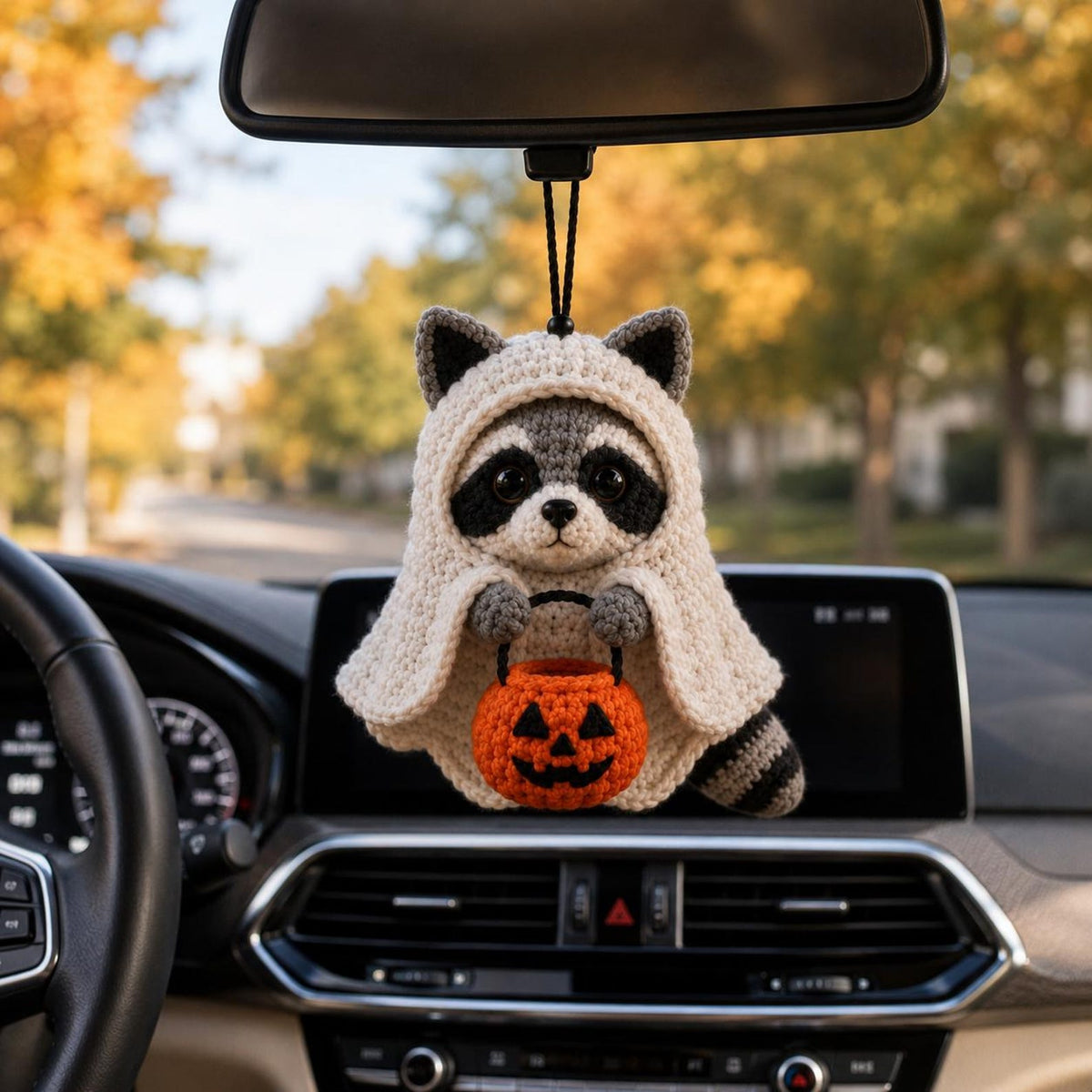 Halloween Crochet Raccoon Car Charm, Cute Ghost Raccoon with Pumpkin Basket, Rearview Mirror Ornament, Fall Car Decor Gift