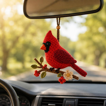Crochet Cardinal Car Charm, Red Bird Rearview Mirror Accessory, Handmade Amigurumi Cardinal Keychain, Memorial Bird Lover Gift, Bag Charm
