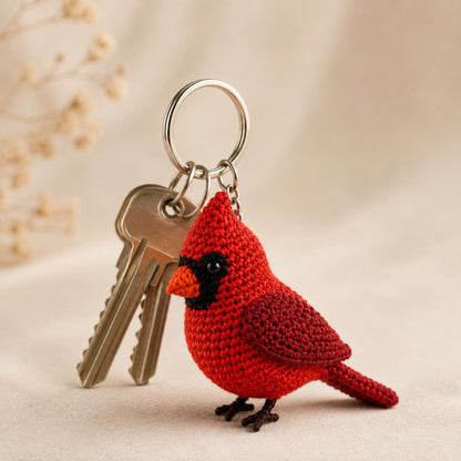 Crochet Cardinal Car Charm, Red Bird Rearview Mirror Accessory, Handmade Amigurumi Cardinal Keychain, Memorial Bird Lover Gift, Bag Charm