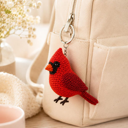 Crochet Cardinal Car Charm, Red Bird Rearview Mirror Accessory, Handmade Amigurumi Cardinal Keychain, Memorial Bird Lover Gift, Bag Charm