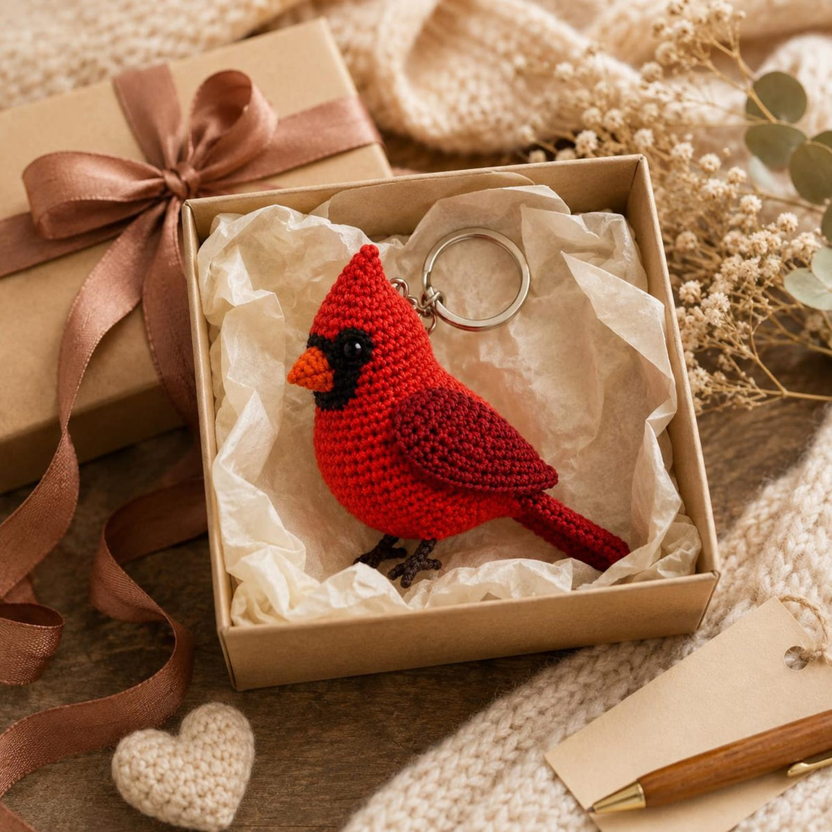 Crochet Cardinal Car Charm, Red Bird Rearview Mirror Accessory, Handmade Amigurumi Cardinal Keychain, Memorial Bird Lover Gift, Bag Charm