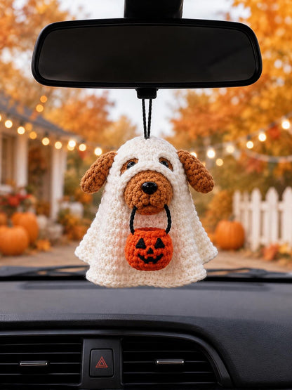 Crochet Ghost Dog with Pumpkin Basket, Halloween Decor – Cute Halloween Amigurumi Plush, Trick or Treat Home Decor Handmade Dog Lover Gift