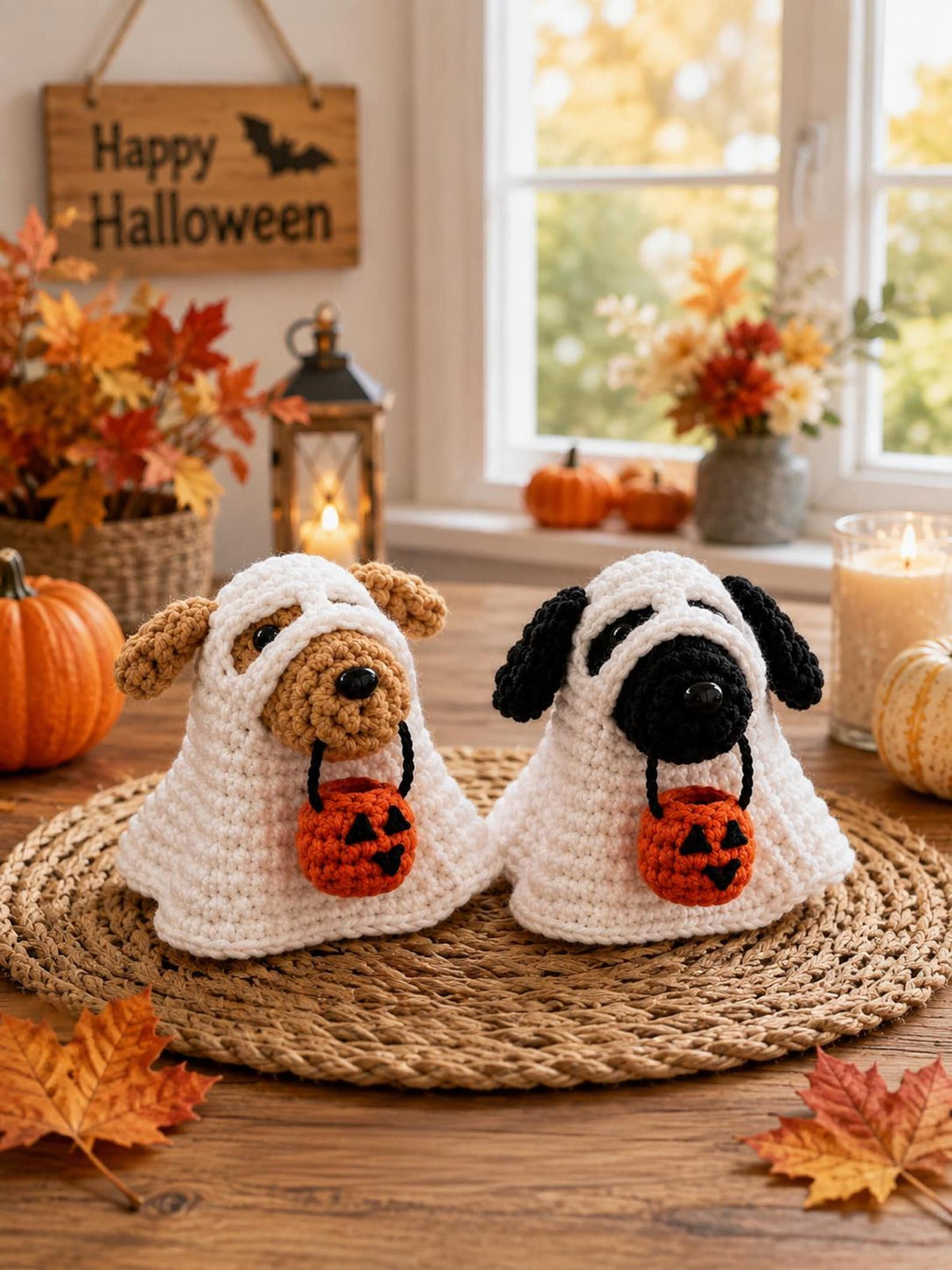 Crochet Ghost Dog with Pumpkin Basket, Halloween Decor – Cute Halloween Amigurumi Plush, Trick or Treat Home Decor Handmade Dog Lover Gift