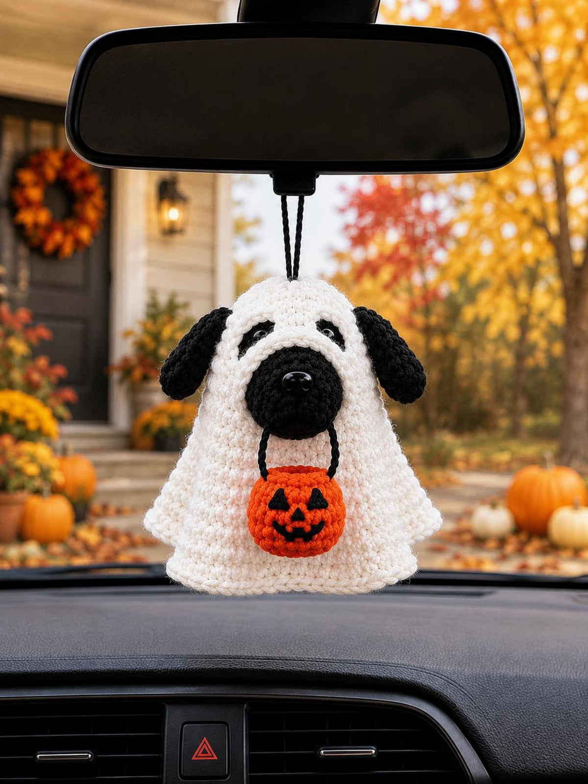 Crochet Ghost Dog with Pumpkin Basket, Halloween Decor – Cute Halloween Amigurumi Plush, Trick or Treat Home Decor Handmade Dog Lover Gift