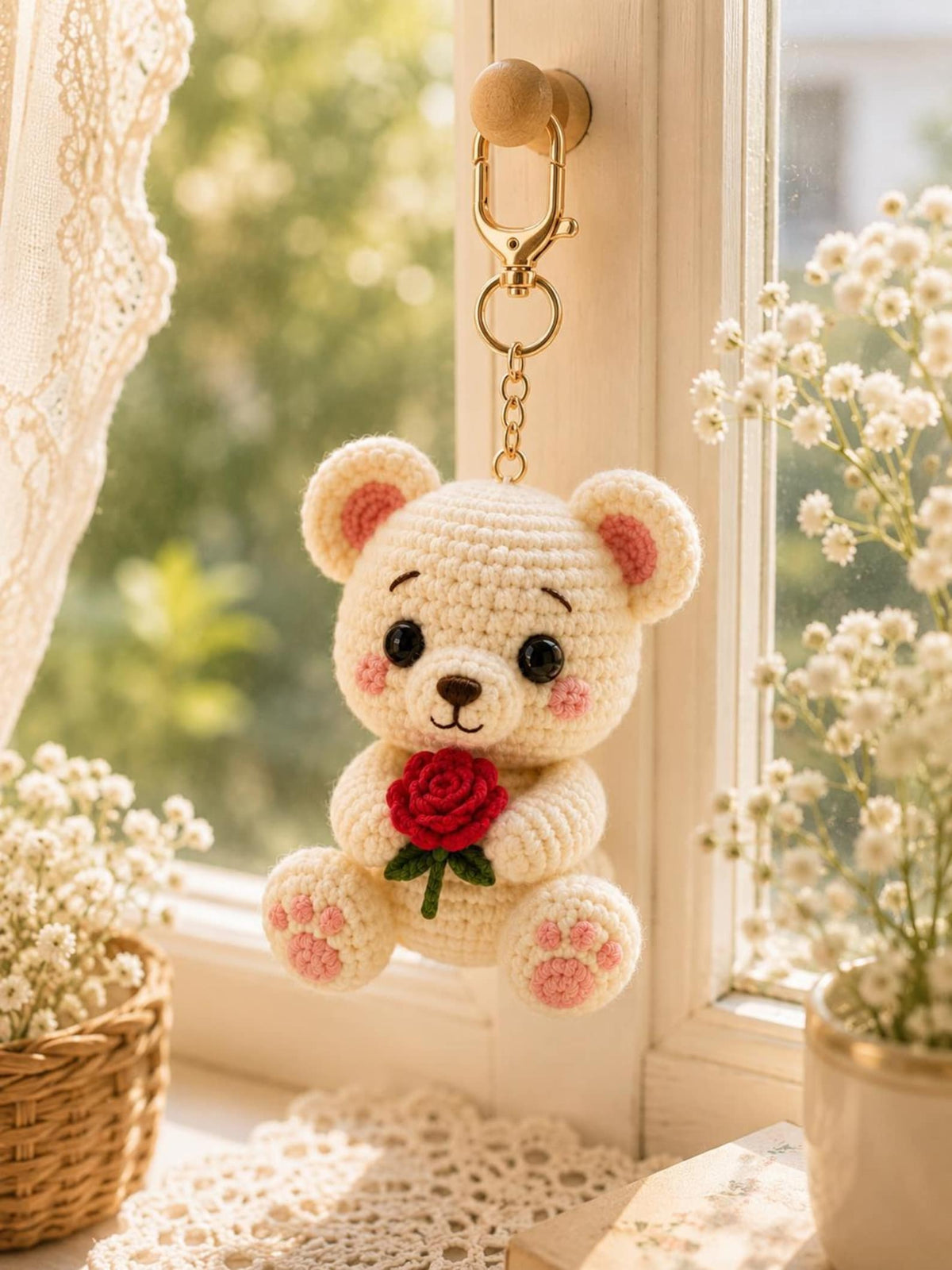 Crochet Bear Keychain, Cute Teddy Bear Bag Charm, Handmade Amigurumi Bear with Rose, Crochet Purse Charm, Birthday Gift for Her