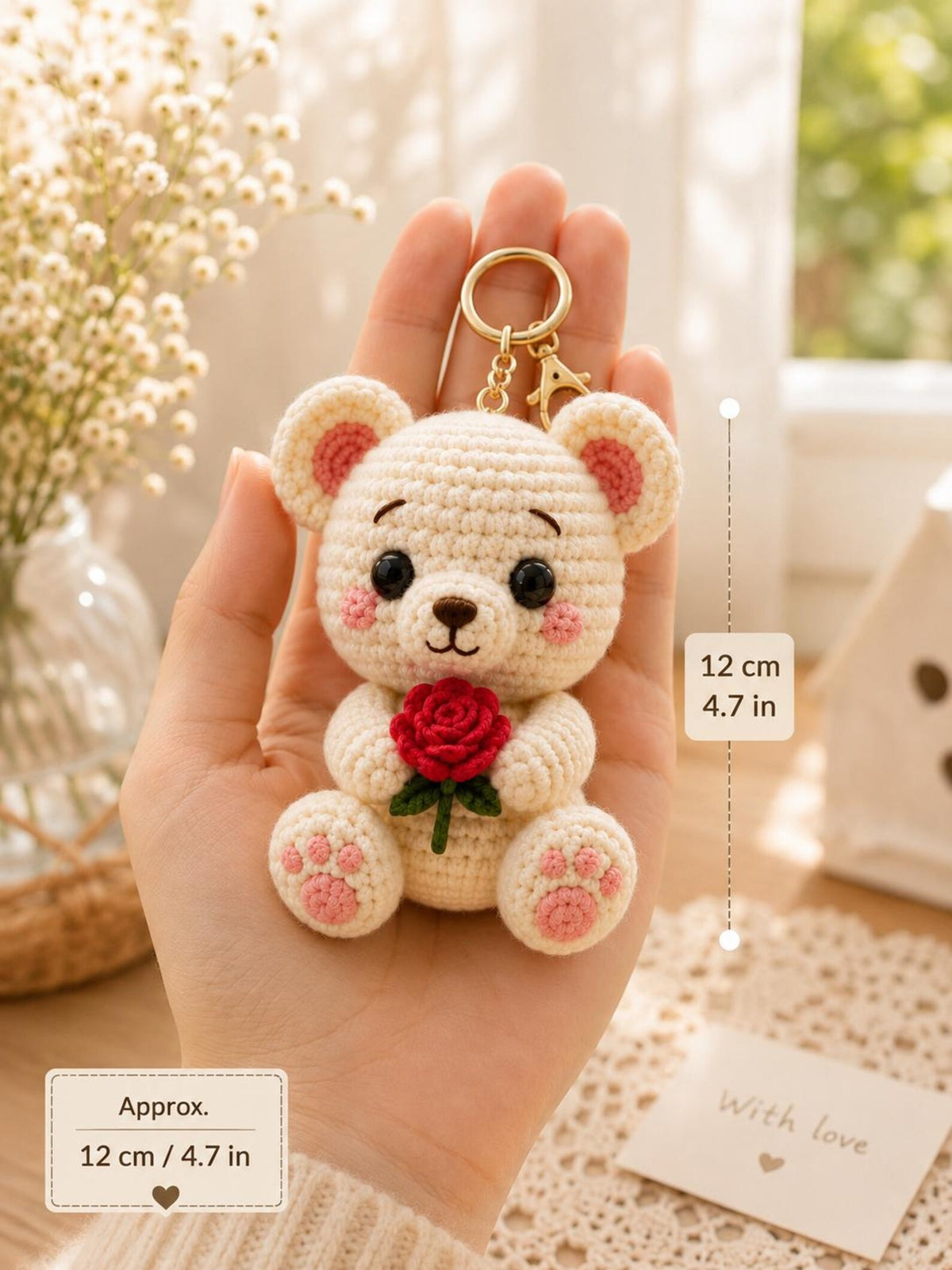 Crochet Bear Keychain, Cute Teddy Bear Bag Charm, Handmade Amigurumi Bear with Rose, Crochet Purse Charm, Birthday Gift for Her