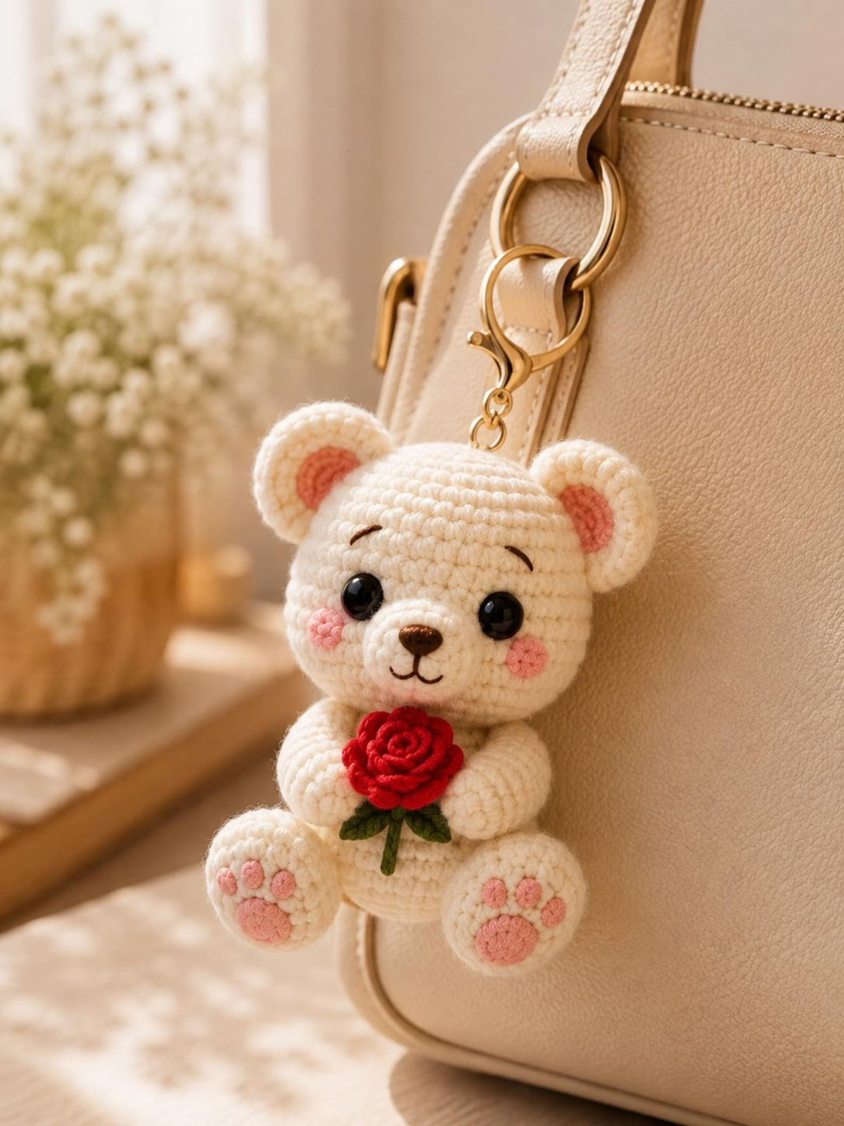 Crochet Bear Keychain, Cute Teddy Bear Bag Charm, Handmade Amigurumi Bear with Rose, Crochet Purse Charm, Birthday Gift for Her