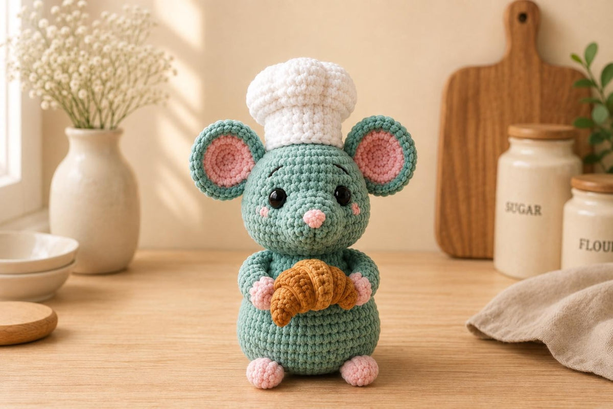 Crochet Chef Mouse, Handmade Amigurumi Mouse, Cute Kitchen Decor, Bakery Gift, Little Chef Doll, Mouse Lover Gift, Crochet Food Plush
