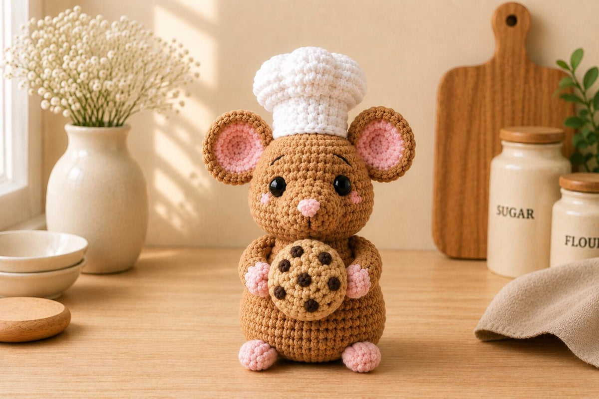 Crochet Chef Mouse, Handmade Amigurumi Mouse, Cute Kitchen Decor, Bakery Gift, Little Chef Doll, Mouse Lover Gift, Crochet Food Plush
