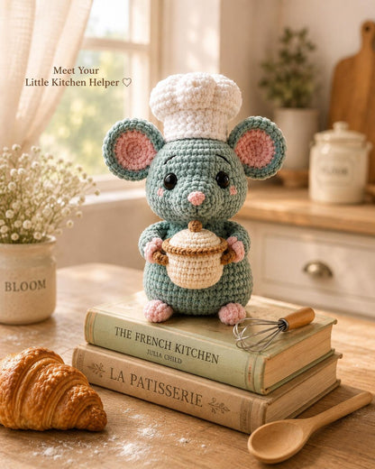 Crochet Chef Mouse, Handmade Amigurumi Mouse, Cute Kitchen Decor, Bakery Gift, Little Chef Doll, Mouse Lover Gift, Crochet Food Plush