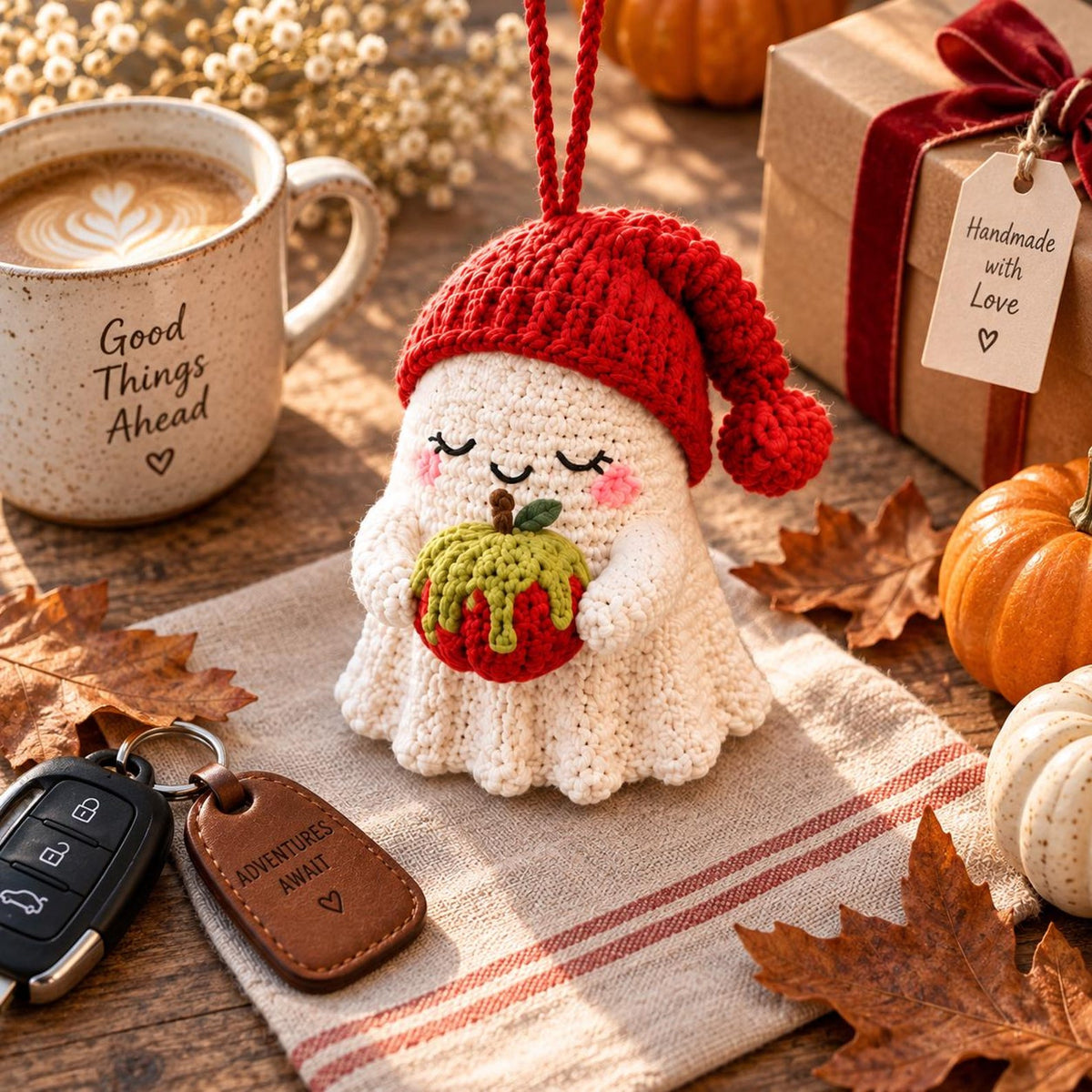 Crochet Ghost Car Charm, Poison Apple Ghost Halloween Car Hanging, Cute Spooky Car Decor, Handmade Fall Car Ornament Gift