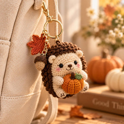 Crochet Hedgehog Keychain, Pumpkin Fall Car Charm, Autumn Rearview Mirror Hanging Ornament, Cute Hedgehog Gift, Thanksgiving Decor