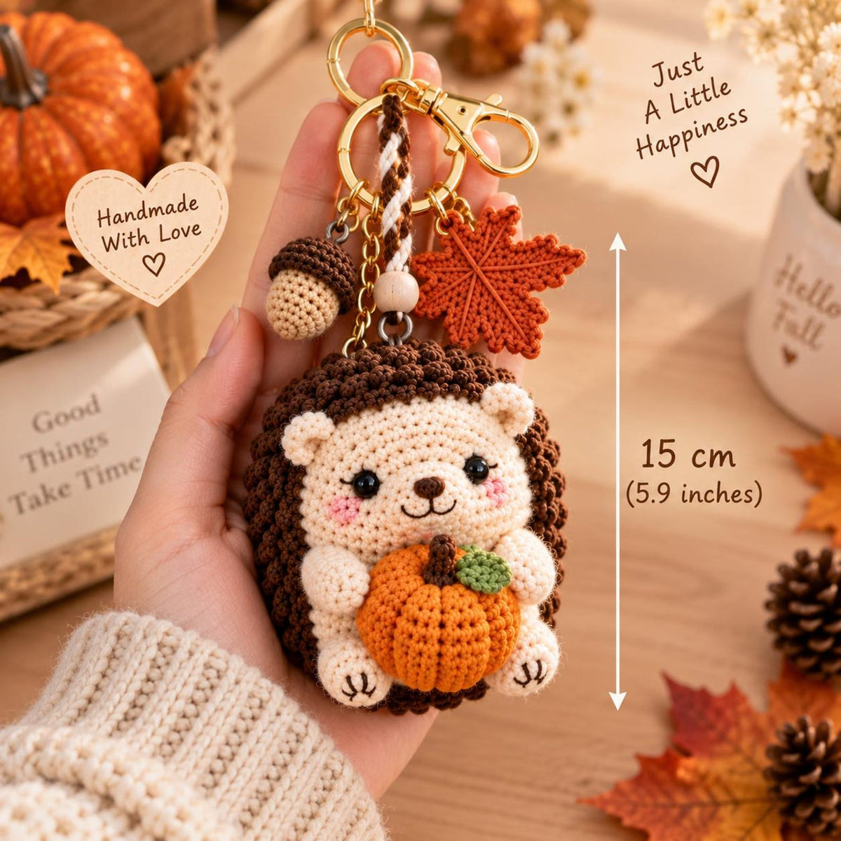 Crochet Hedgehog Keychain, Pumpkin Fall Car Charm, Autumn Rearview Mirror Hanging Ornament, Cute Hedgehog Gift, Thanksgiving Decor
