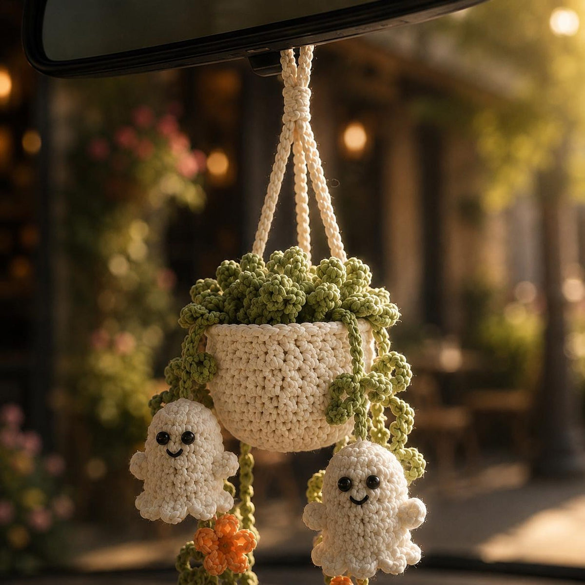 Halloween Crochet Ghost Car Hanging Plant, Cute Car Charm, Handmade Spooky Basket Decor, Halloween Car Accessory Gift