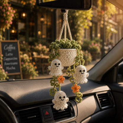 Halloween Crochet Ghost Car Hanging Plant, Cute Car Charm, Handmade Spooky Basket Decor, Halloween Car Accessory Gift