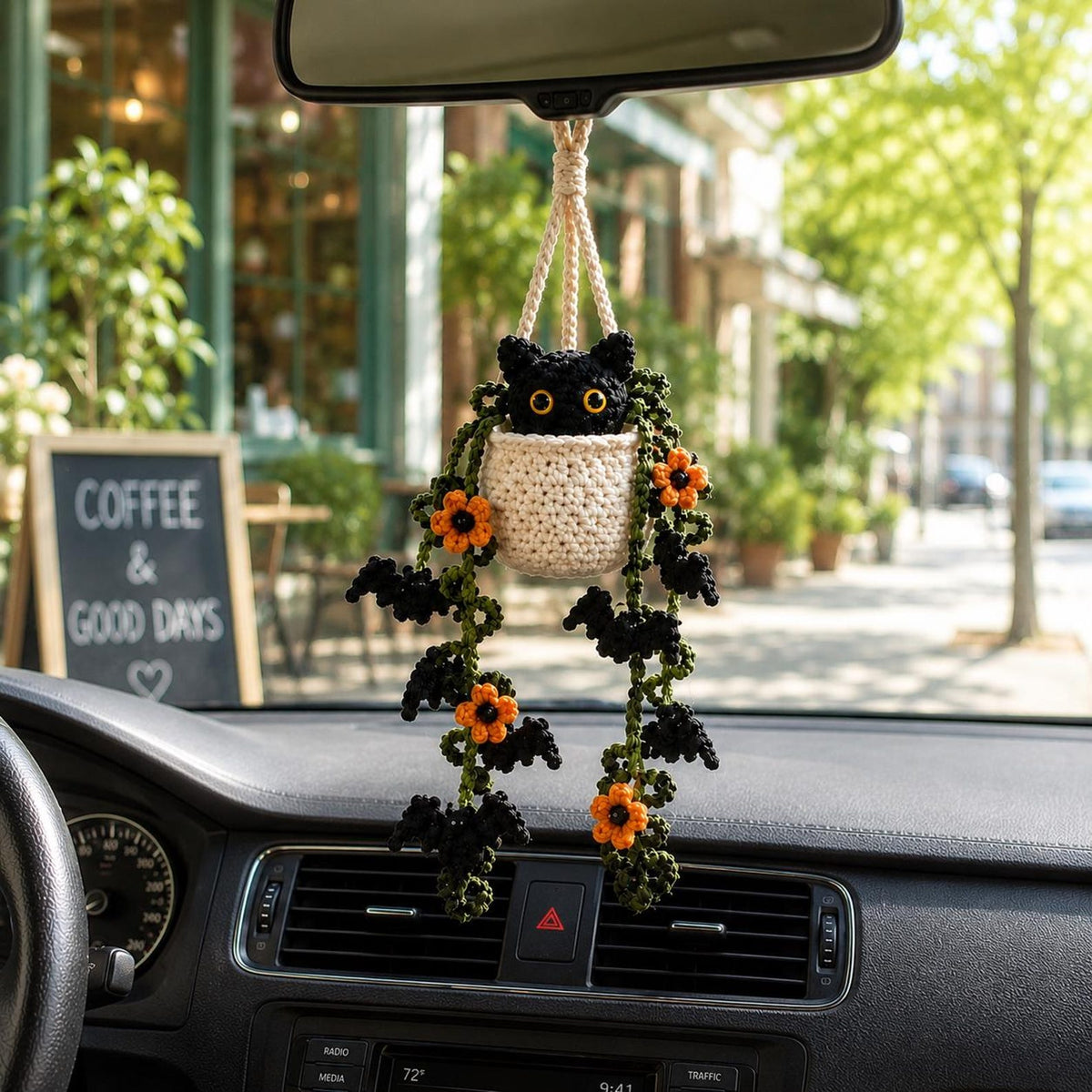 Crochet Halloween Black Cat Plant Car Hanging, Bat Vine Car Charm, Spooky Cute Halloween Car Decor, Handmade Plant Lover Gift