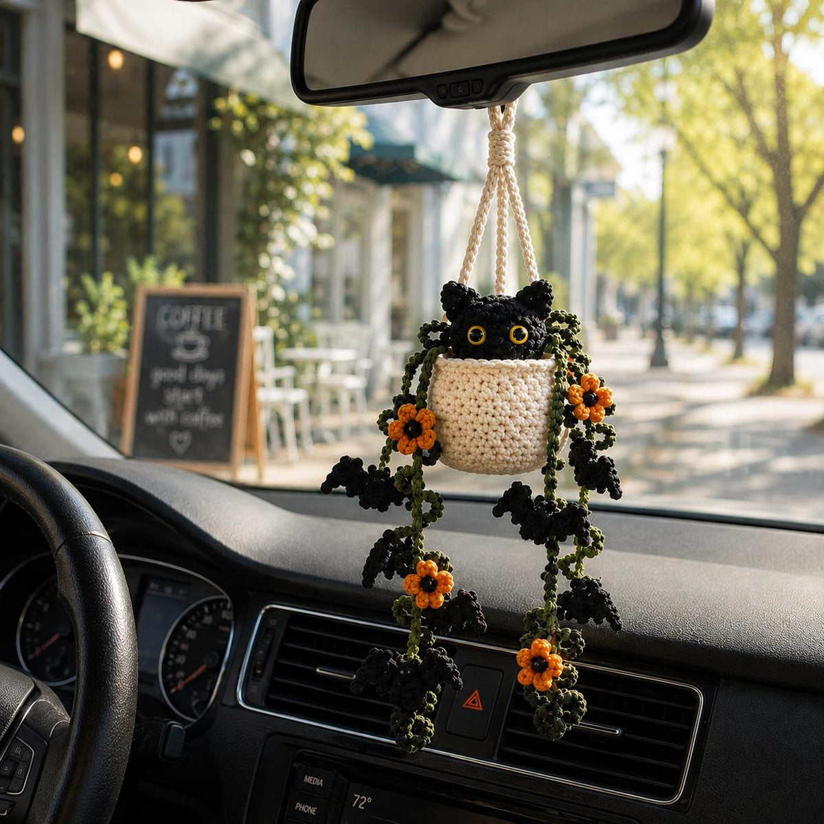 Crochet Halloween Black Cat Plant Car Hanging, Bat Vine Car Charm, Spooky Cute Halloween Car Decor, Handmade Plant Lover Gift