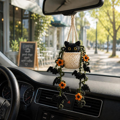 Crochet Halloween Black Cat Plant Car Hanging, Bat Vine Car Charm, Spooky Cute Halloween Car Decor, Handmade Plant Lover Gift