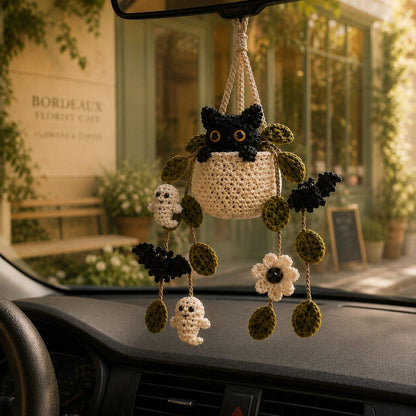 Crochet Halloween Plant Car Hanging, Handmade Black Cat Ghost & Bat Car Charm, Cute Car Decor, Spooky Car Accessory, Plant Lover Gift