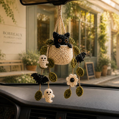 Crochet Halloween Plant Car Hanging, Handmade Black Cat Ghost & Bat Car Charm, Cute Car Decor, Spooky Car Accessory, Plant Lover Gift