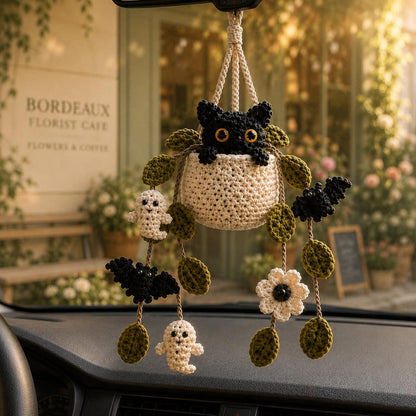 Crochet Halloween Plant Car Hanging, Handmade Black Cat Ghost & Bat Car Charm, Cute Car Decor, Spooky Car Accessory, Plant Lover Gift