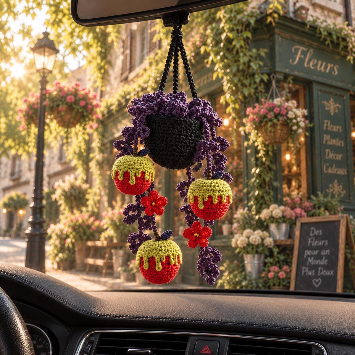 Halloween Crochet Poison Apple Plant Car Hanging, Crochet Spooky Succulent Car Charm, Gothic Car Decor, Cute Car Accessory, Plant Lover Gift