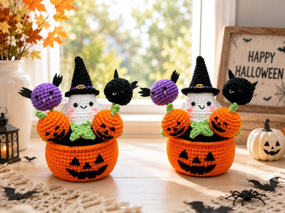 Crochet Halloween Pumpkin Ghost Pot, Spooky Pumpkin Decor, Ghost Flower Pot,Halloween Desk Decor, Halloween Gift, Handmade Gothic Home Decor