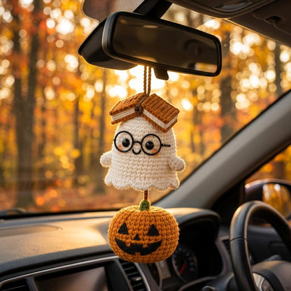 Crochet Halloween Car Charm, Ghost Pumpkin Rearview Mirror Hanger, Cute Spooky Car Decor, Fall Amigurumi Hanging Ornament, Halloween Gift