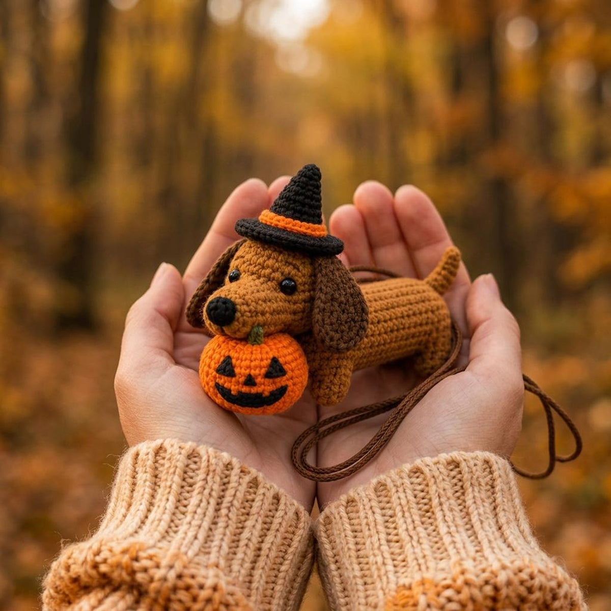 Crochet Dachshund Car Charm, Halloween Wiener Dog Rearview Mirror Hanger, Pumpkin Dog Ornament, Spooky Car Decor, Dog Lover Gift
