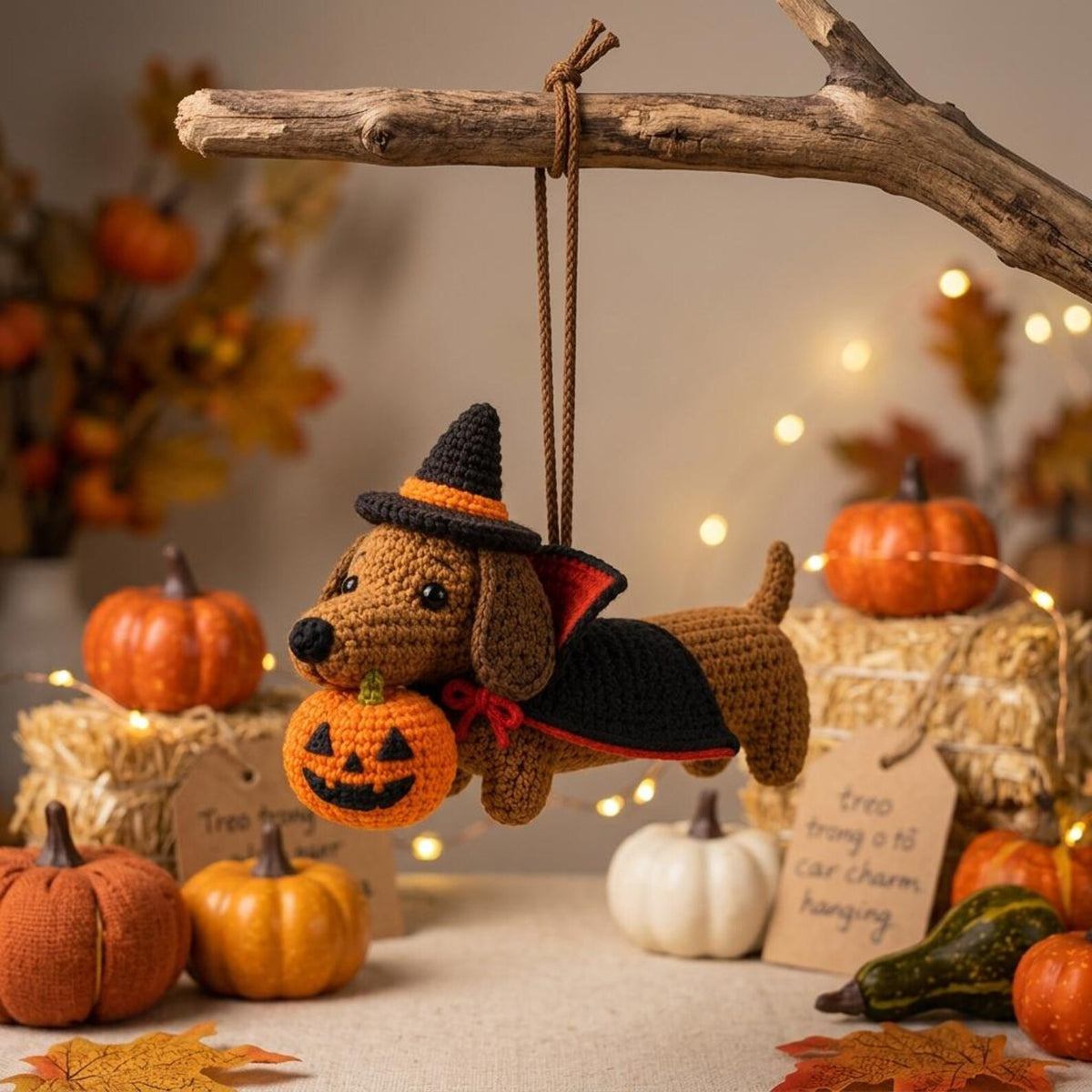 Crochet Dachshund Car Charm, Halloween Wiener Dog Rearview Mirror Hanger, Dracula Dog Pumpkin Ornament, Spooky Car Decor, Dog Lover Gift