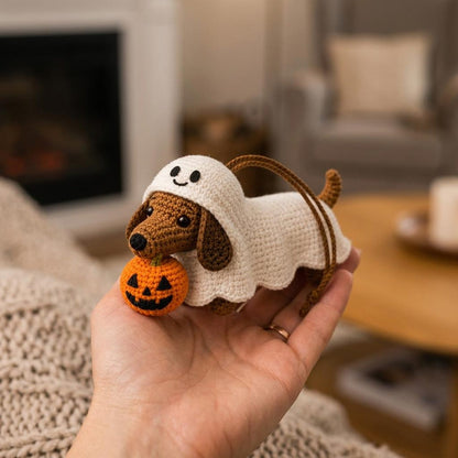 Crochet Dachshund Car Charm, Halloween Ghost Wiener Dog Rearview Mirror Hanger, Pumpkin Dog Ornament, Spooky Car Decor, Dog Lover Gift
