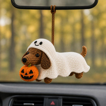 Crochet Dachshund Car Charm, Halloween Ghost Wiener Dog Rearview Mirror Hanger, Pumpkin Dog Ornament, Spooky Car Decor, Dog Lover Gift