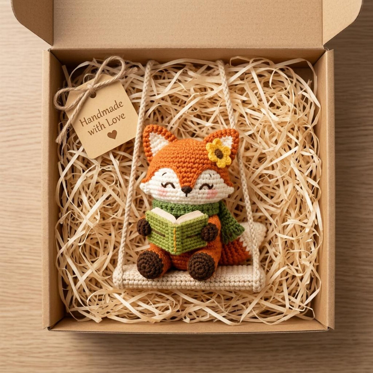 Crochet Fox Car Charm, Reading Fox Rearview Mirror Hanger, Book Lover Car Accessory, Cute Woodland Animal Car Decor, Crochet Swing Ornament