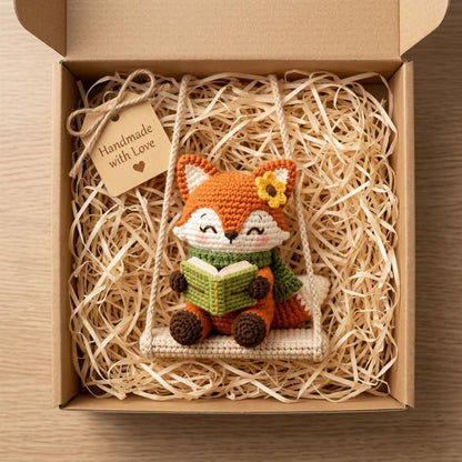 Crochet Fox Car Charm, Reading Fox Rearview Mirror Hanger, Book Lover Car Accessory, Cute Woodland Animal Car Decor, Crochet Swing Ornament