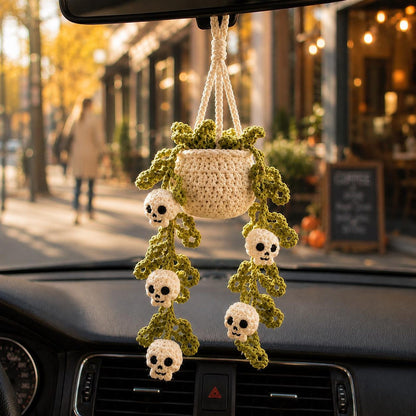 Halloween Crochet Car Hanging Plant, Skull Car Charm Hanging, Spooky Car Decor, Handmade Plant Car Accessories Gift
